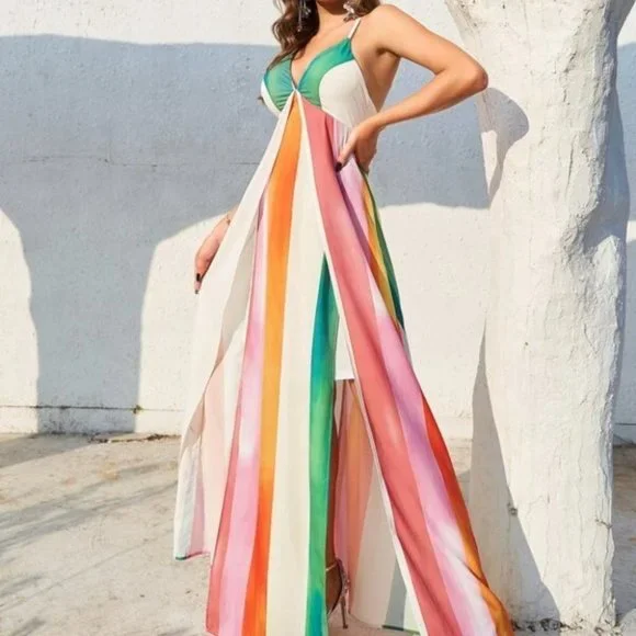 Striped Split Thigh Chiffon Maxi Dress - Picture 2 of 10